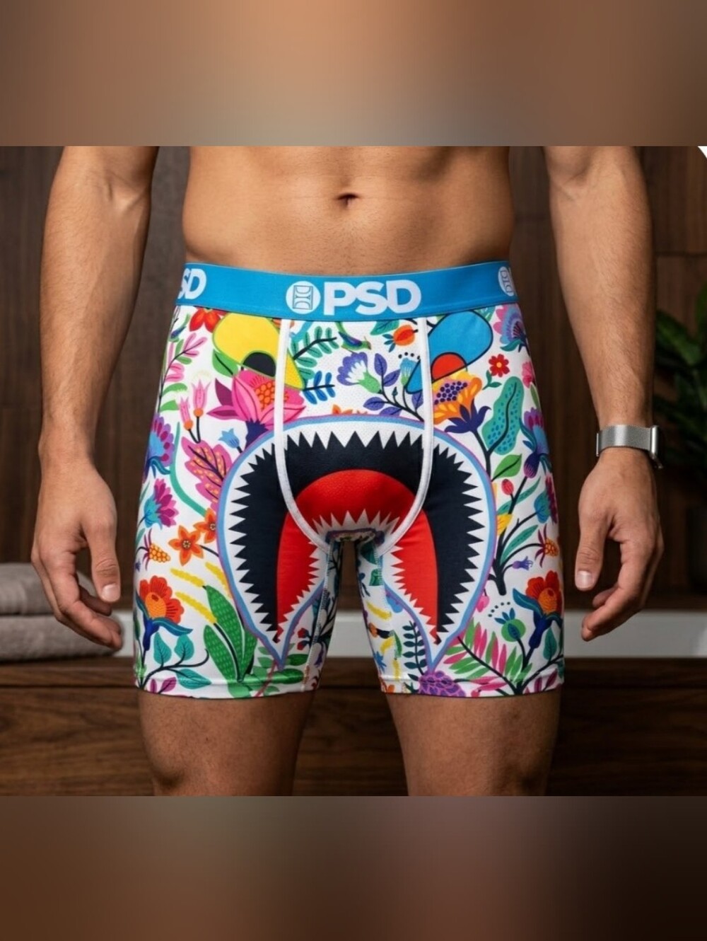 NEW! PSD Blue-Waist Floral Boxer Briefs with Graphics Sz Medium NWT